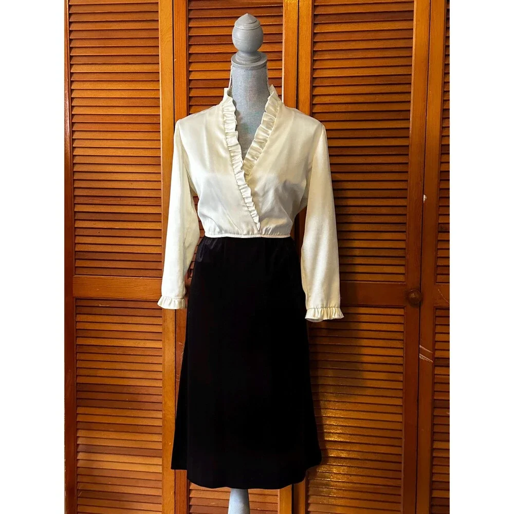 Vintage 1960s Leslie Fay Satin Velvet Midi Ruffle Cocktail Dress